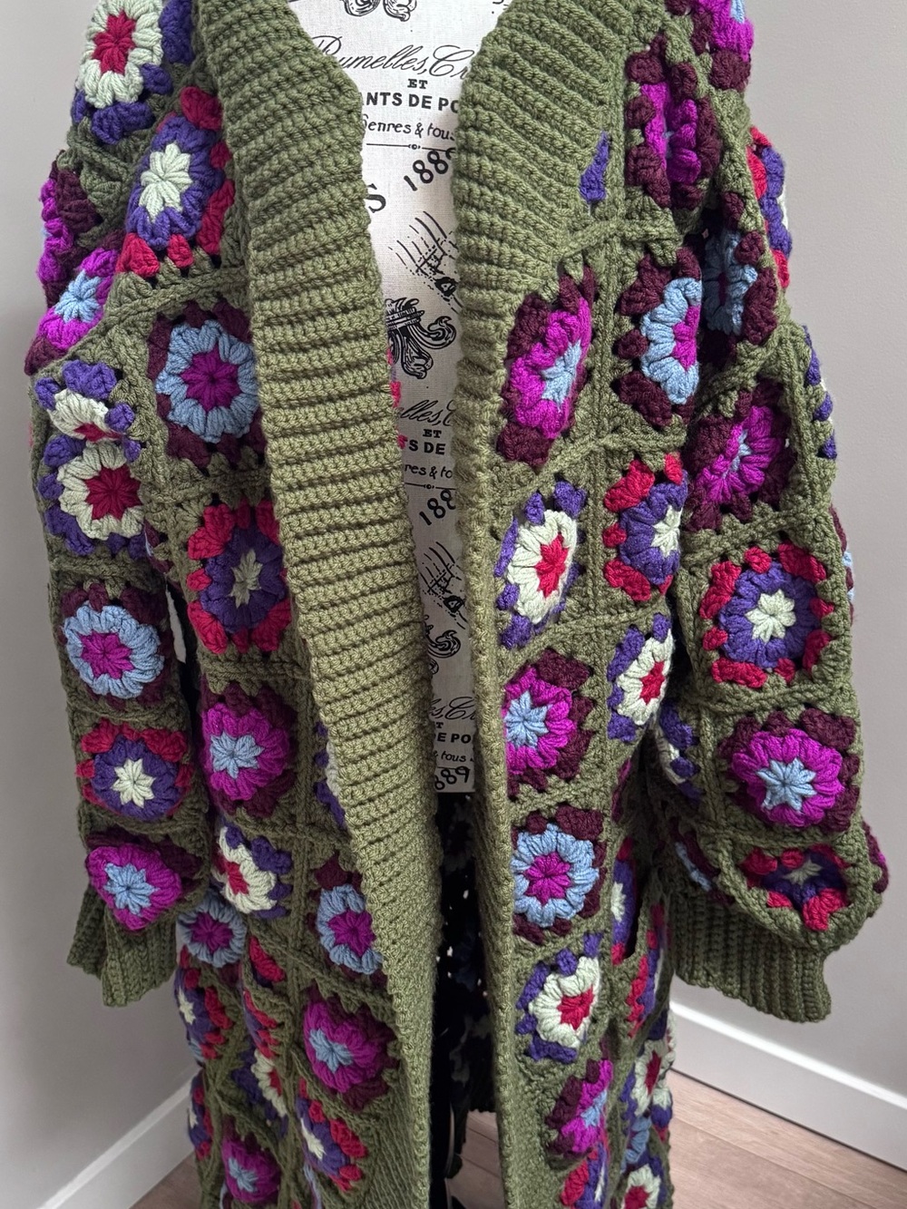 Olive Crochet Granny-Square Cardigan with Multicolor Accents